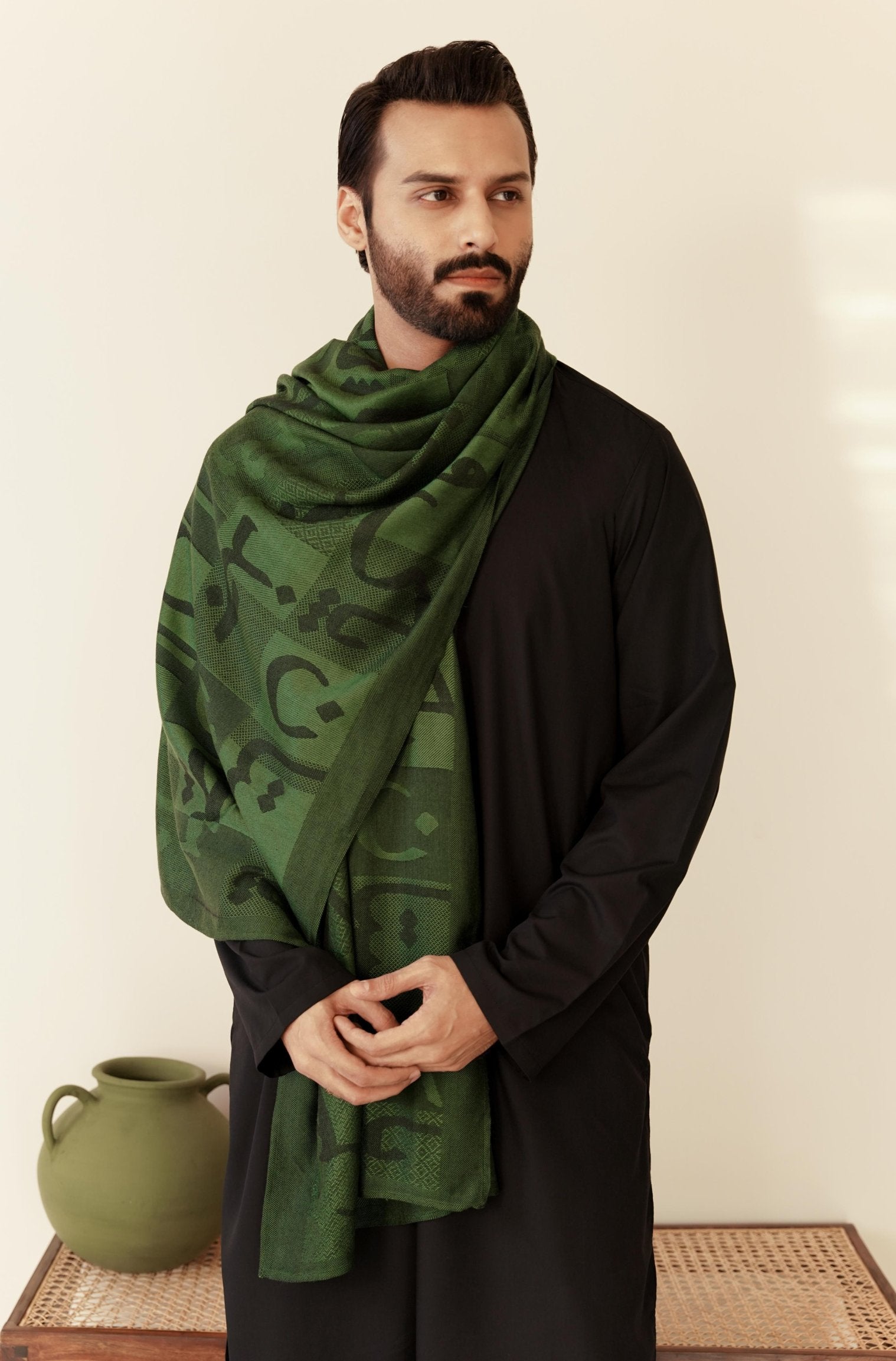 Shopmanto, wear manto pakistani clothing brand, manto women men unisex ready to wear urdu calligraphy jazba weaved winter muffler stole Green, winter collection, acrylic wool scarf stole