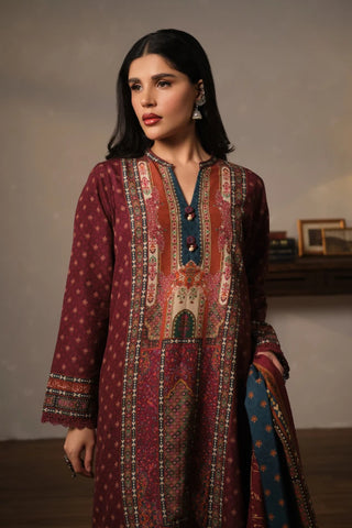 3 piece printed co-ord set in Maroon color made from premium cotton silk.