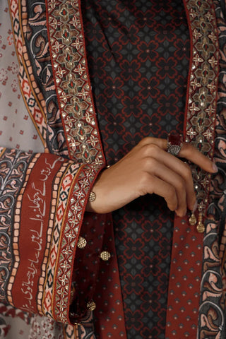 Manto Women's Ready to Wear Grey Outerwear Long Shrug with Urdu Calligraphy