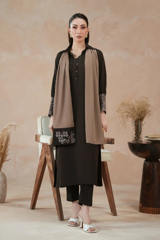 Manto Women's Hijab Friendly Brown Embroidered Scarf