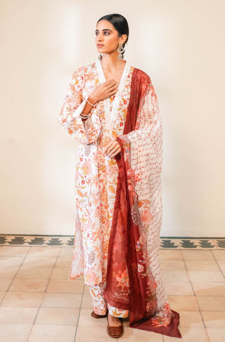 Shopmanto, wear manto, manto clothing brand, manto pakistan, ladies clothing brand, urdu calligraphy clothing, wear manto women ladies lawn kurta for spring summer, manto two piece lawn off-white and maroon gulnaar coord set for women, spring summer season, lawn collection