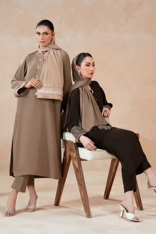 Manto Women's Ready to Wear Brown & Grey Matching 2 Piece Co-Ord Set with Embroidery