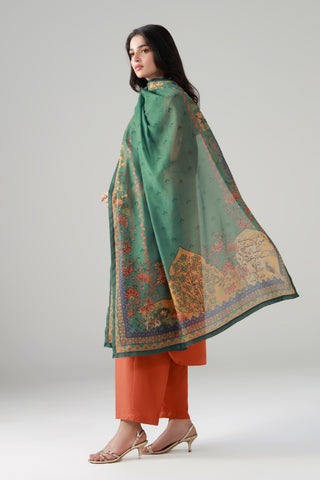 Swiss lawn printed dupatta in green color featuring the words of Allama Iqbal calligraphed throughout.