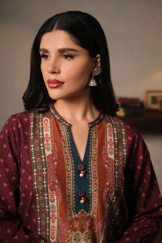 3 piece printed co-ord set in Maroon color made from premium cotton silk.