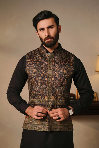 Manto Men's Black Printed Waistcoat with Urdu Calligraphy