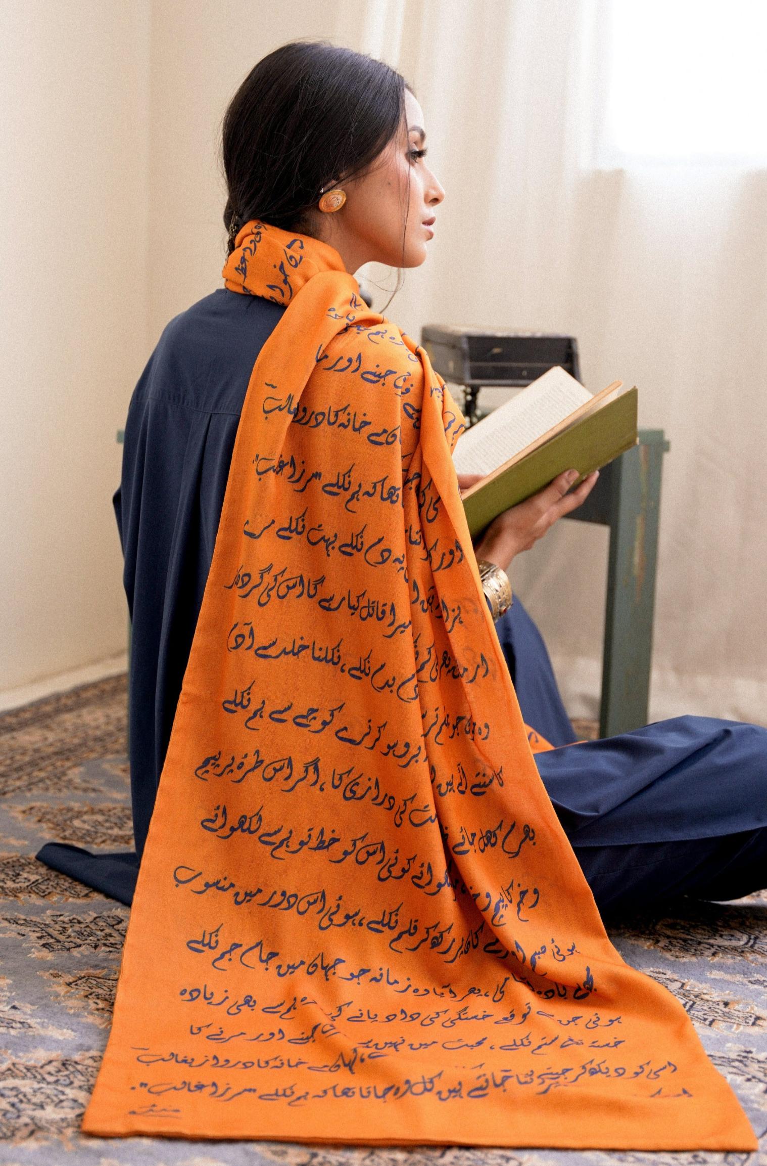 Shopmanto, wear manto pakistani clothing brand ready to wear men and women textured double sided mustard armaan stole muffler with urdu calligraphy featuring poetry of mirza ghalib, urdu winter stoles
