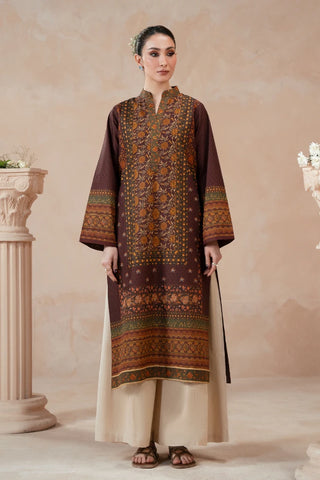Manto's ready to wear plum lawn Zuri kurta with Urdu calligraphy of poetry by Nida Fazli