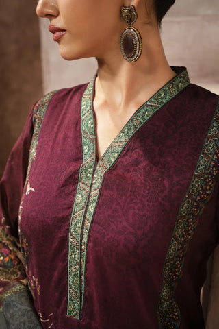 Kashish Co-Ord, made from Premium Cotton Silk, features a long length straight embroided shirt straight pants.