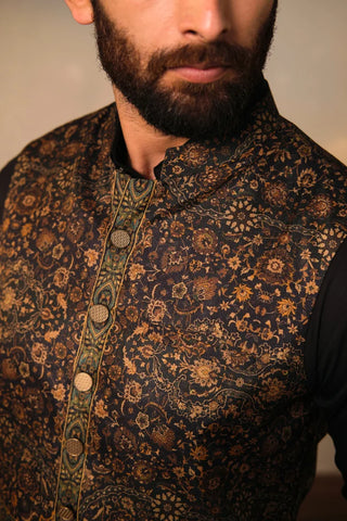 Manto Men's Black Printed Waistcoat with Urdu Calligraphy
