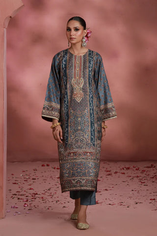 Manto Women's Festive Wear 3 Piece Raw Silk Grey Set with Urdu Calligraphy