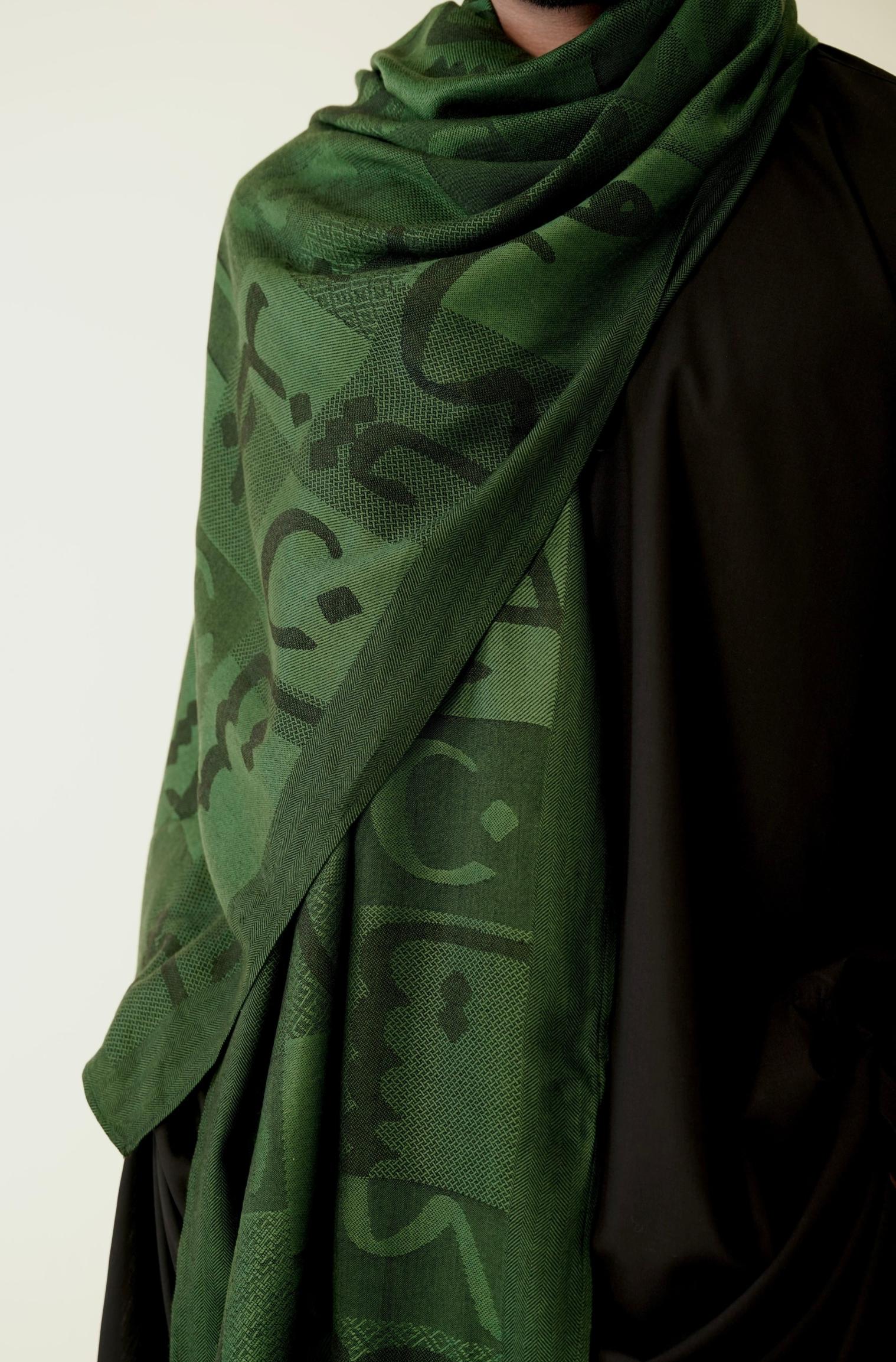 Shopmanto, wear manto pakistani clothing brand, manto women men unisex ready to wear urdu calligraphy jazba weaved winter muffler stole Green, winter collection, acrylic wool scarf stole