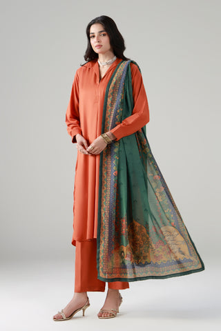 Swiss lawn printed dupatta in green color featuring the words of Allama Iqbal calligraphed throughout.