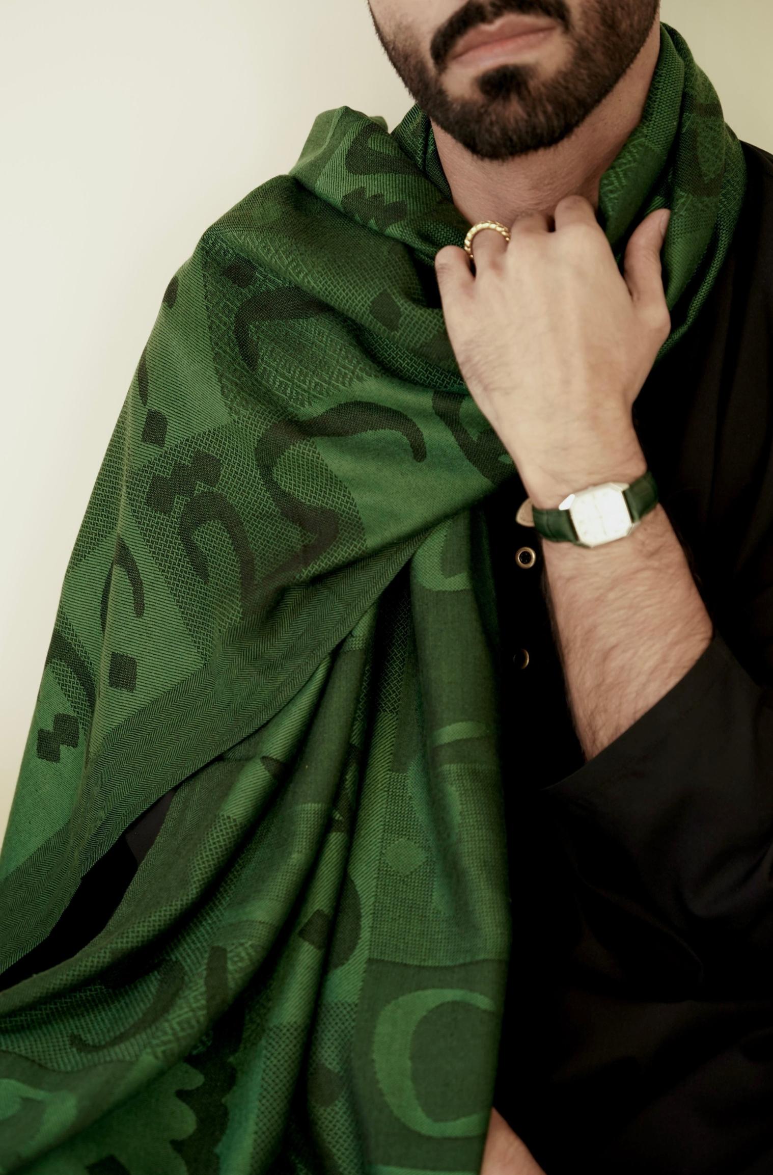 Shopmanto, wear manto pakistani clothing brand, manto women men unisex ready to wear urdu calligraphy jazba weaved winter muffler stole Green, winter collection, acrylic wool scarf stole