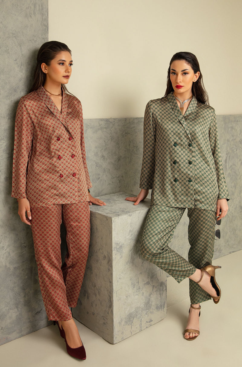 Blocks Silk Co-ord Set - Emerald Green & Gold
