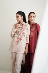 chaman, red, beige, short co-ord set, calligraphy, Urdu, Urdu calligraphy, intricate design, clothing, fashion, two piece, women clothes, shopmanto, ladies two piece, women two piece, ladies co-ords, women co-ords, co-ord sets Pakistan, co-ords sets, two piece co-ord sets, two piece suit