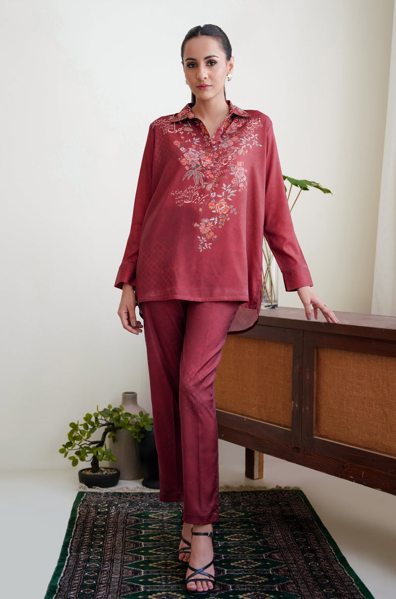 chaman, red, short co-ord set, calligraphy, Urdu, Urdu calligraphy, intricate design, clothing, fashion, two piece, women clothes, shopmanto, ladies two piece, women two piece, ladies co-ords, women co-ords, co-ord sets Pakistan, co-ords sets, two piece co-ord sets, two piece suit