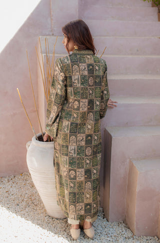 Shopmanto, wear manto, manto clothing brand, manto pakistan, ladies clothing brand, urdu calligraphy clothing, Manto royal green Women jacquard jugnu Kurta with Urdu Calligraphy, Manto Winter Collection, manto jacquard collection