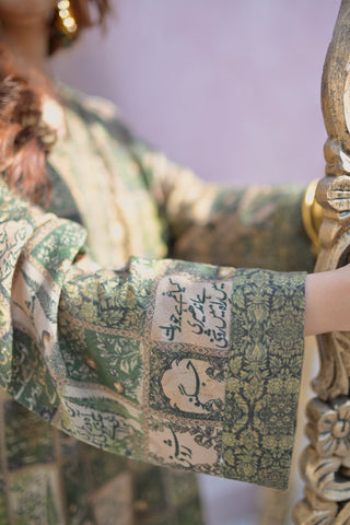 Shopmanto, wear manto, manto clothing brand, manto pakistan, ladies clothing brand, urdu calligraphy clothing, Manto royal green Women jacquard jugnu Kurta with Urdu Calligraphy, Manto Winter Collection, manto jacquard collection