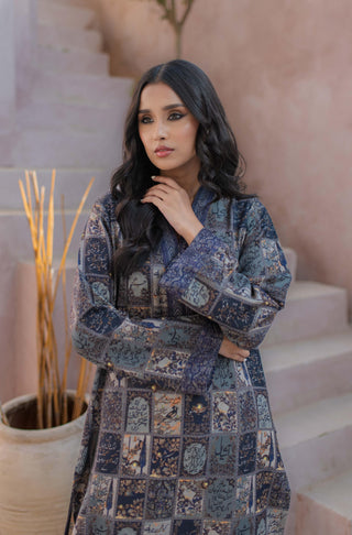 Shopmanto, wear manto, manto clothing brand, manto pakistan, ladies clothing brand, urdu calligraphy clothing, Manto Imperial blue Women jacquard jugnu Kurta with Urdu Calligraphy, Manto Winter Collection, manto jacquard collection