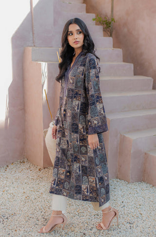 Shopmanto, wear manto, manto clothing brand, manto pakistan, ladies clothing brand, urdu calligraphy clothing, Manto Imperial blue Women jacquard jugnu Kurta with Urdu Calligraphy, Manto Winter Collection, manto jacquard collection