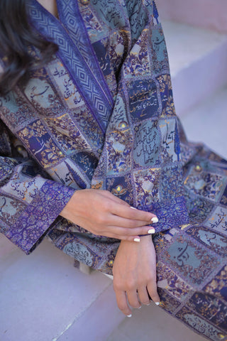 Shopmanto, wear manto, manto clothing brand, manto pakistan, ladies clothing brand, urdu calligraphy clothing, Manto Imperial blue Women jacquard jugnu Kurta with Urdu Calligraphy, Manto Winter Collection, manto jacquard collection