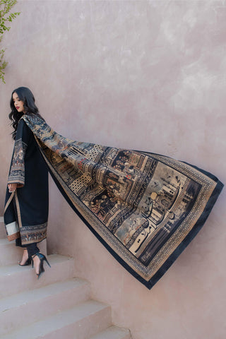 Shopmanto, wear manto, manto clothing brand, manto pakistan, ladies clothing brand, urdu calligraphy clothing, manto black jacquard taj mahal two piece co-ord set with urdu calligraphy and story of mumtaz and shah jahan, manto winter collection, manto jacquard collection, jacquard kurtas