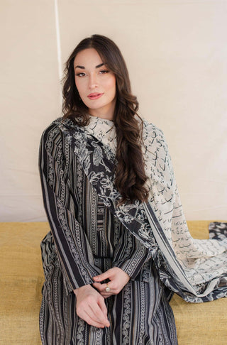 Shopmanto, wear manto, manto clothing brand, manto pakistan, ladies clothing brand, urdu calligraphy clothing, Manto jacquard women manzil weaved long kurta in black colour, winter collection