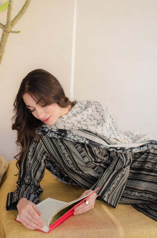 Shopmanto, wear manto, manto clothing brand, manto pakistan, ladies clothing brand, urdu calligraphy clothing, Manto jacquard women manzil weaved long kurta in black colour, winter collection