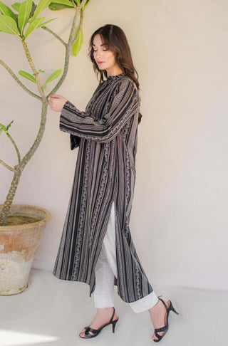 Shopmanto, wear manto, manto clothing brand, manto pakistan, ladies clothing brand, urdu calligraphy clothing, Manto jacquard women manzil weaved long kurta in black colour, winter collection