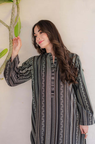  Shopmanto, wear manto, manto clothing brand, manto pakistan, ladies clothing brand, urdu calligraphy clothing, Manto jacquard women manzil weaved long kurta in black colour, winter collection