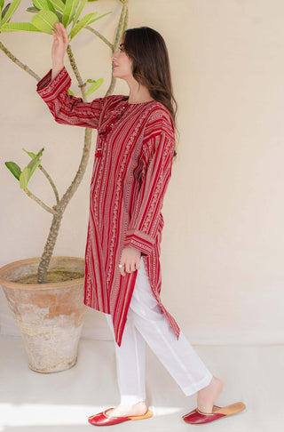 Shopmanto, wear manto, manto clothing brand, manto pakistan, ladies clothing brand, urdu calligraphy clothing, Manto jacquard women manzil weaved kurta in red colour, winter collection