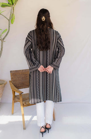 Shopmanto, wear manto, manto clothing brand, manto pakistan, ladies clothing brand, urdu calligraphy clothing, Manto jacquard women manzil weaved kurta in black colour, winter collection