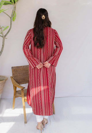 Shopmanto, wear manto, manto clothing brand, manto pakistan, ladies clothing brand, urdu calligraphy clothing, Manto jacquard women manzil weaved long kurta in red colour, winter collection