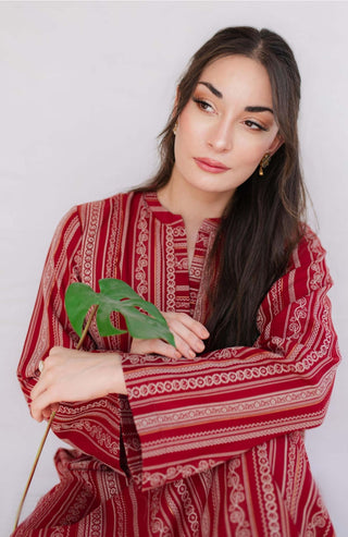 Shopmanto, wear manto, manto clothing brand, manto pakistan, ladies clothing brand, urdu calligraphy clothing, Manto jacquard women manzil weaved long kurta in red colour, winter collection
