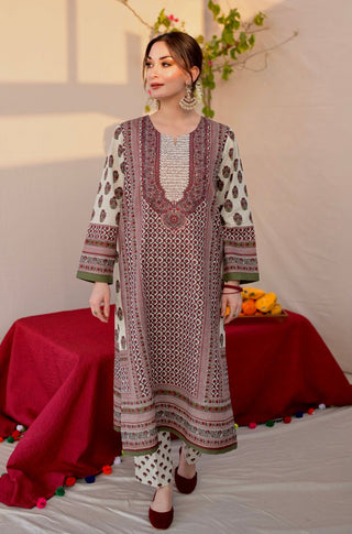 Shopmanto, wear manto, manto clothing brand, manto pakistan, ladies clothing brand, urdu calligraphy clothing, Manto Arzoo two piece co-ord set in off white and maroon colour, manto khaddar collection, manto winter collection, khaddar co-ord set