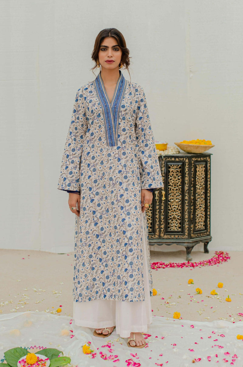 Roshni Kurta - Off White & Blue