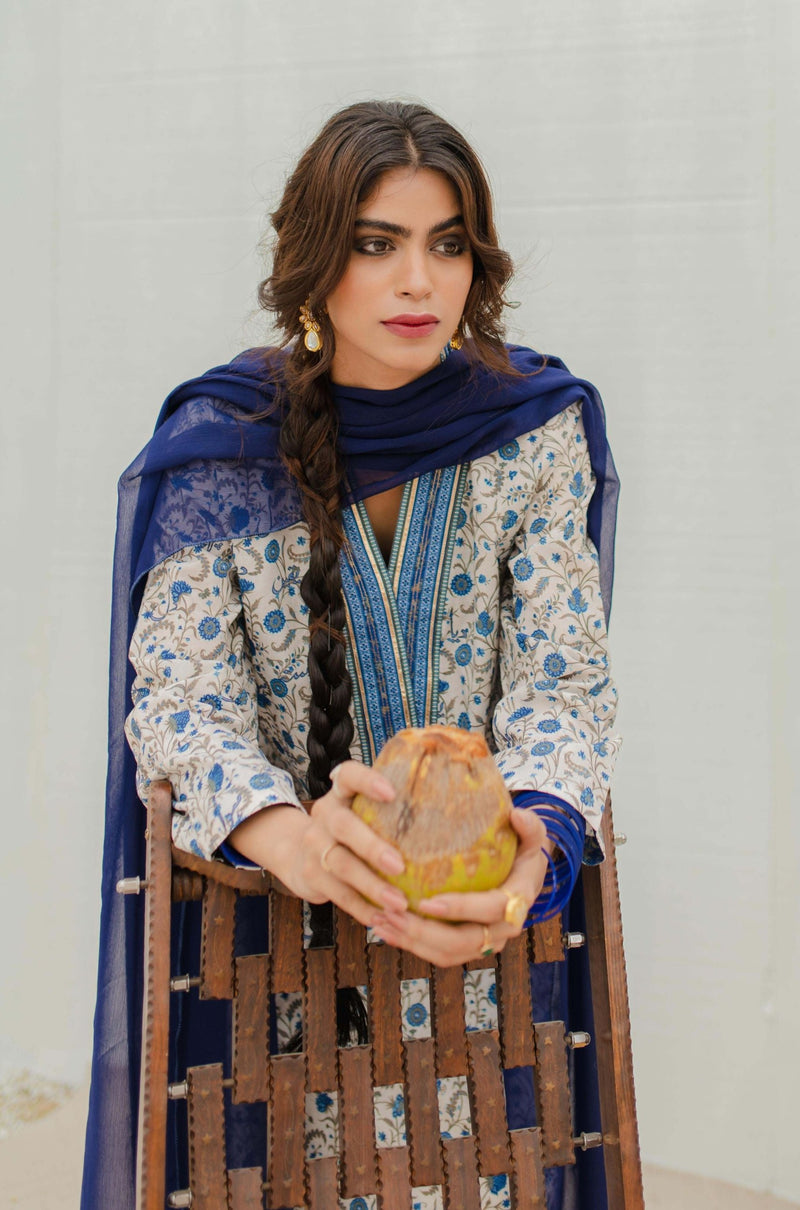 Roshni Kurta - Off White & Blue