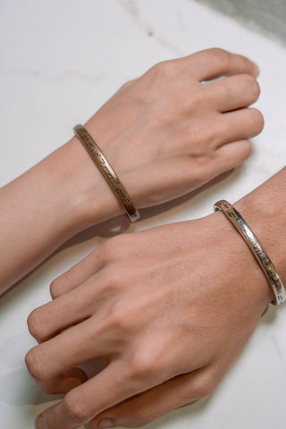 Manto Unisex Gold & Silver Stainless Steel Shaheen Cuff Bracelet (Kara) with Urdu Calligraphy of Poetry by Allama Iqbal