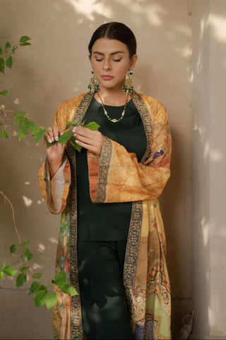 Manto Women's Yellow Printed Outerwear Long Shrug with Illustrations & Urdu Calligraphy