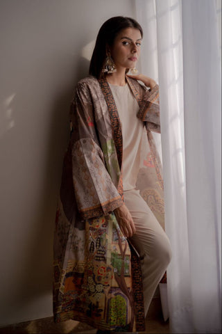 Manto Women's Grey Printed Outerwear Long Shrug with Illustrations & Urdu Calligraphy
