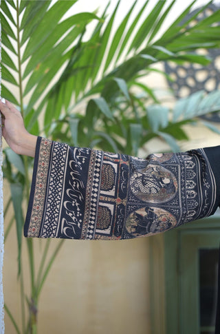 Shopmanto, wear manto, manto clothing brand, manto pakistan, ladies clothing brand, urdu calligraphy clothing, manto black jacquard taj mahal two piece co-ord set with urdu calligraphy and story of mumtaz and shah jahan, manto winter collection, manto jacquard collection, jacquard kurtas