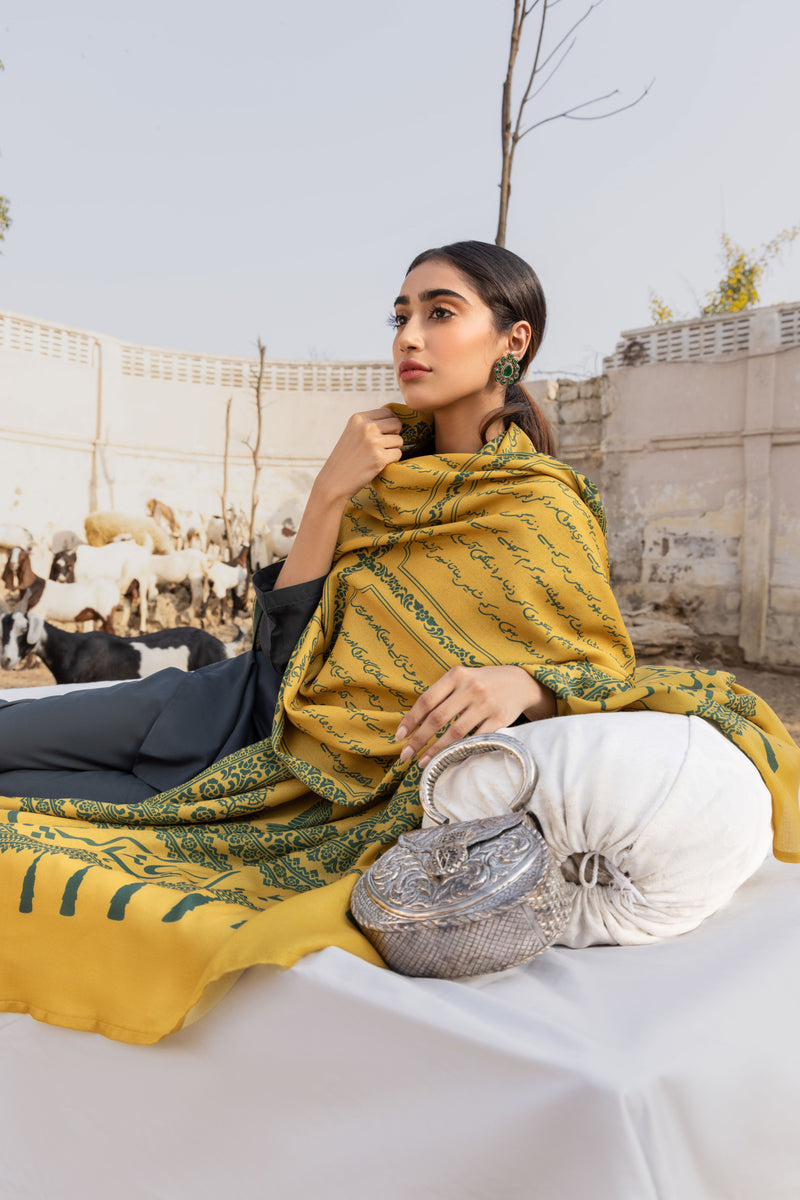 Shaheen Odhni - Deep Yellow with Green Text