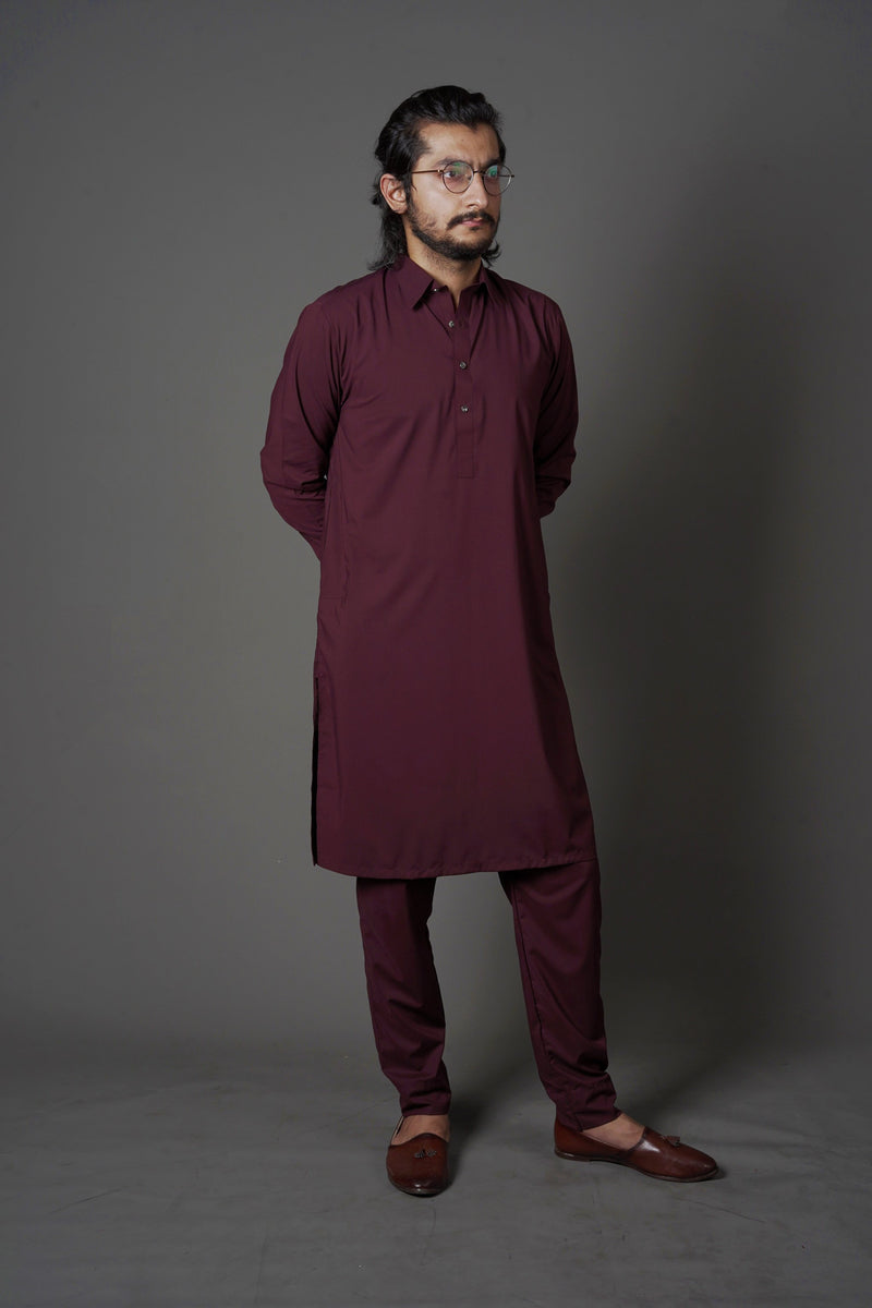 Wine Red Maroon Manto Two Piece Suit With Peshawar Collar Style Design Ultra Comfortable Material Easy Wear For Men 
