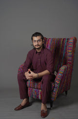 Wine Red Maroon Manto Two Piece Suit With Peshawar Collar Style Design Ultra Comfortable Material Easy Wear For Men 