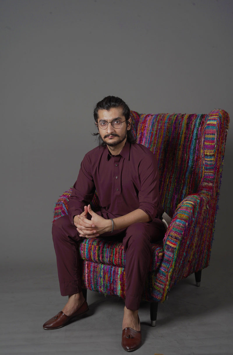 Wine Red Maroon Manto Two Piece Suit With Peshawar Collar Style Design Ultra Comfortable Material Easy Wear For Men 