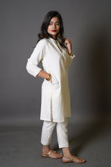 Boski White 2 Piece Suit For Women With Traditional Lucknow Collar In A Classy Minimalist Design  