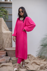 Hot Pink Lilen, 2 piece set from our Manto Aura Collection. It is a long, front-open kameez/ kurta with long balloon sleeves and trousers/ pajama pant
