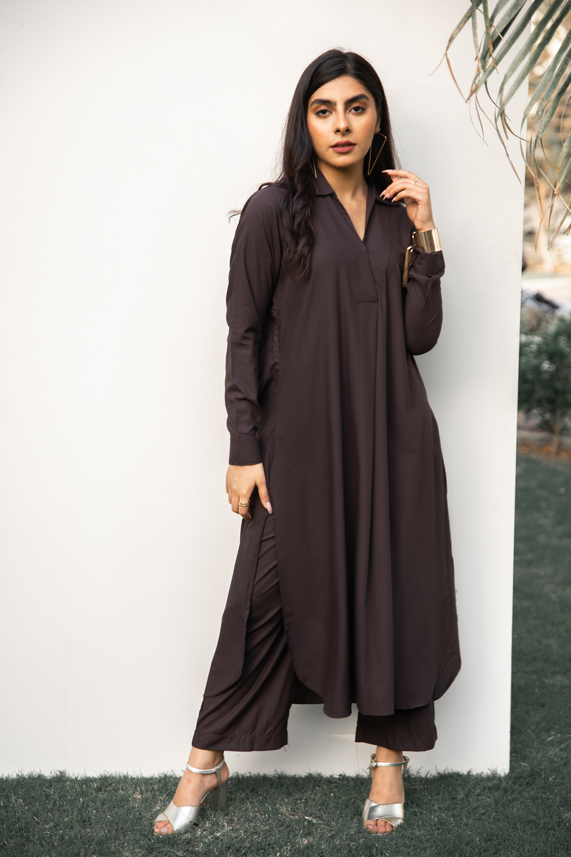 Dark Brown shirt collar Kameez/ Kurta from our Manto Mira collection. Premium quality and comfortable Manto fabric with Trouser/ Pajama Pants.