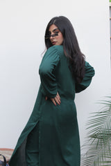 Dark green Lilen, 2 piece set from our Manto Aura Collection. It is a long, front-open kameez/ kurta with long balloon sleeves and trousers/ pajama pant