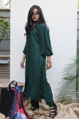 Dark green Lilen, 2 piece set from our Manto Aura Collection. It is a long, front-open kameez/ kurta with long balloon sleeves and trousers/ pajama pant